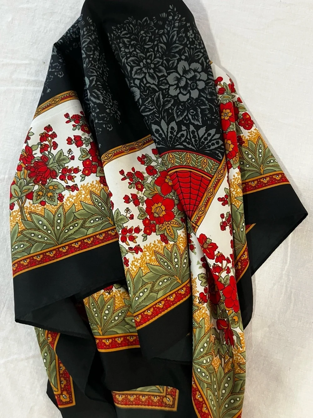 Vtg. Floral Red & Green Border Silk-Feel Scarf